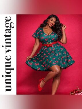 Unique Vintage ‘50s Emerald Green & Cherry Print Poppy Flare Mini Dress, XL, NWT